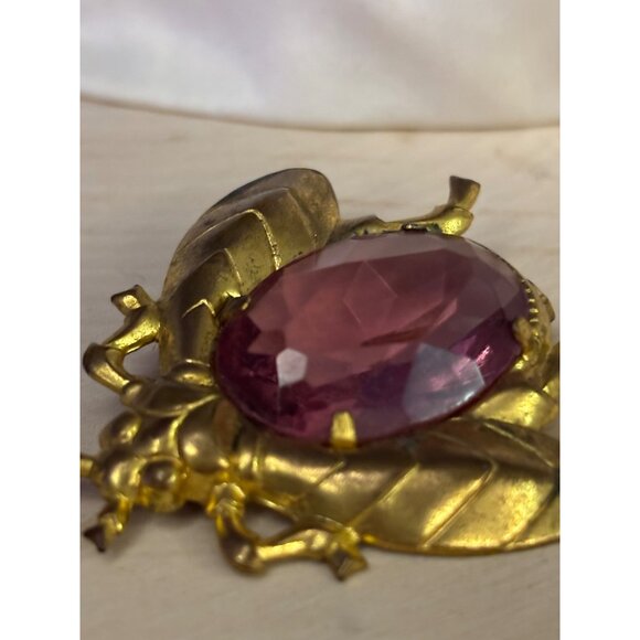 Vintage Gold-Tone Bug Beetle Brooch With Pink Gemstone Accent 1950s - Picture 8 of 10